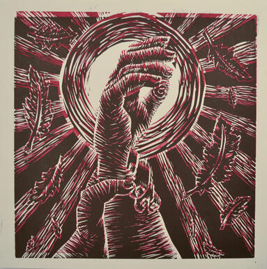 Hand in center being grabbed by another hand at the bottom; backdropped by sun and surrounded by falling feathers. Red ink lines behind black.