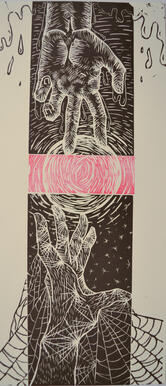 Two hands reaching towards each other with one on the top and another on the bottom. Bottom hand has spider webs, top hand has droplets, and the middle has red inking.