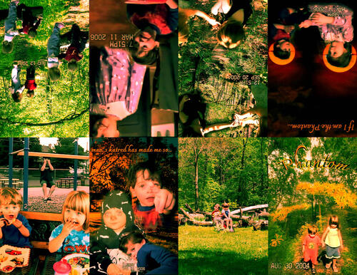 An eight paneled collage of childhood photos and tape recorder text over natural backgrounds.