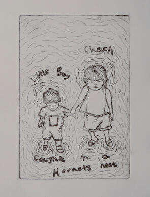 A little girl (on left) holding the hand of a little boy (on right). Text saying, "Little Boy" and "Chach" above children's heads. Text bellow saying, "caught in a hornet's nest".