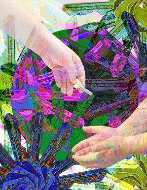 A digital collage of keys in spiral patterns of multiple colors behind semi-translucent hands. One hand reaching down from top left offering a key to two hands cupped to receive it in bottom right.