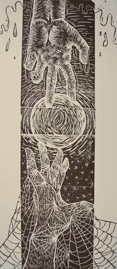 Two hands reaching towards each other with one on the top and another on the bottom. Bottom hand has spider webs, top hand has droplets, and it's all black and white.