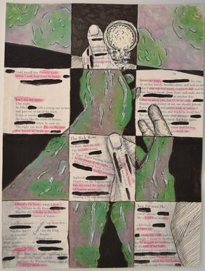 Hands reaching for a showerhead divided up into 12 boxes. Boxes ulternate between text collage and painting.