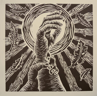 Hand in center being grabbed by another hand at the bottom; backdropped by sun and surrounded by falling feathers.