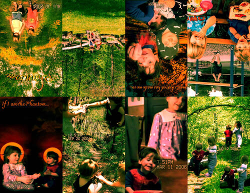 An eight paneled collage of childhood photos and tape recorder text over natural backgrounds.