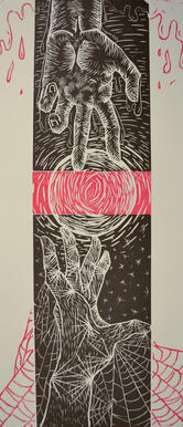 Two hands reaching towards each other with one on the top and another on the bottom. Bottom hand has spider webs, top hand has droplets, and the middle and four corners have red inking.
