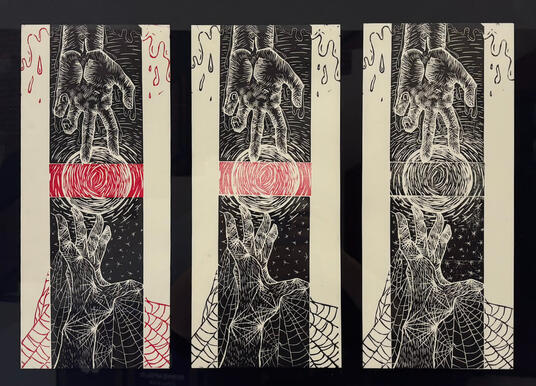 Three pieces aligned next to each other, showing a dripping hand reaching down to a spider webbed hand reaching up. Red ink used in the four corners of first print, and red used in the center of first and second.